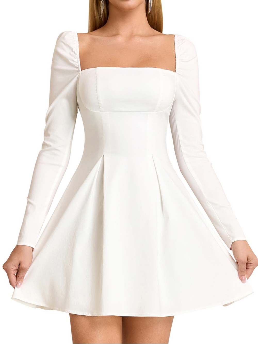 Classic White Long-Sleeve Square Neck Fit & Flare Dress
